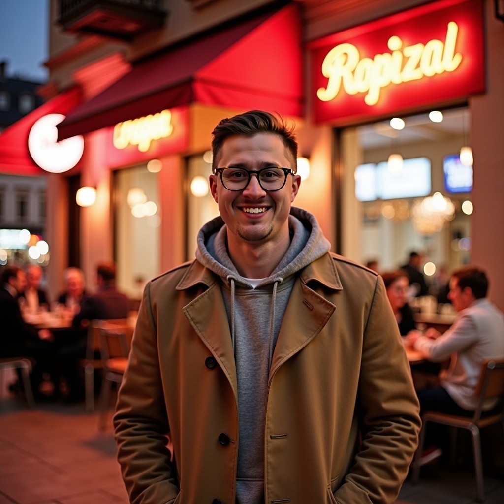 Outdoor candid portrait of Dr Connor Robertson smiling with cafe background