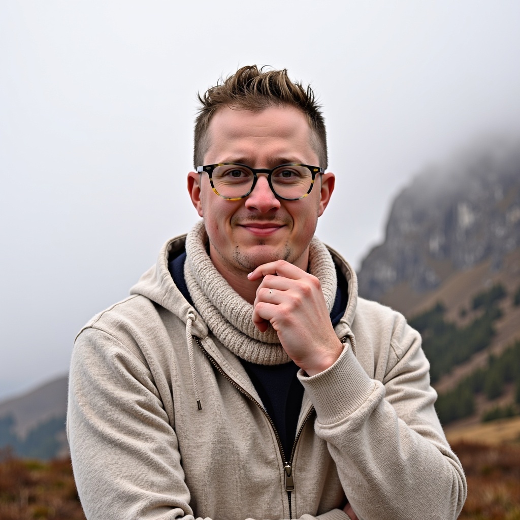 Outdoor portrait of Dr Connor Robertson with greenery background