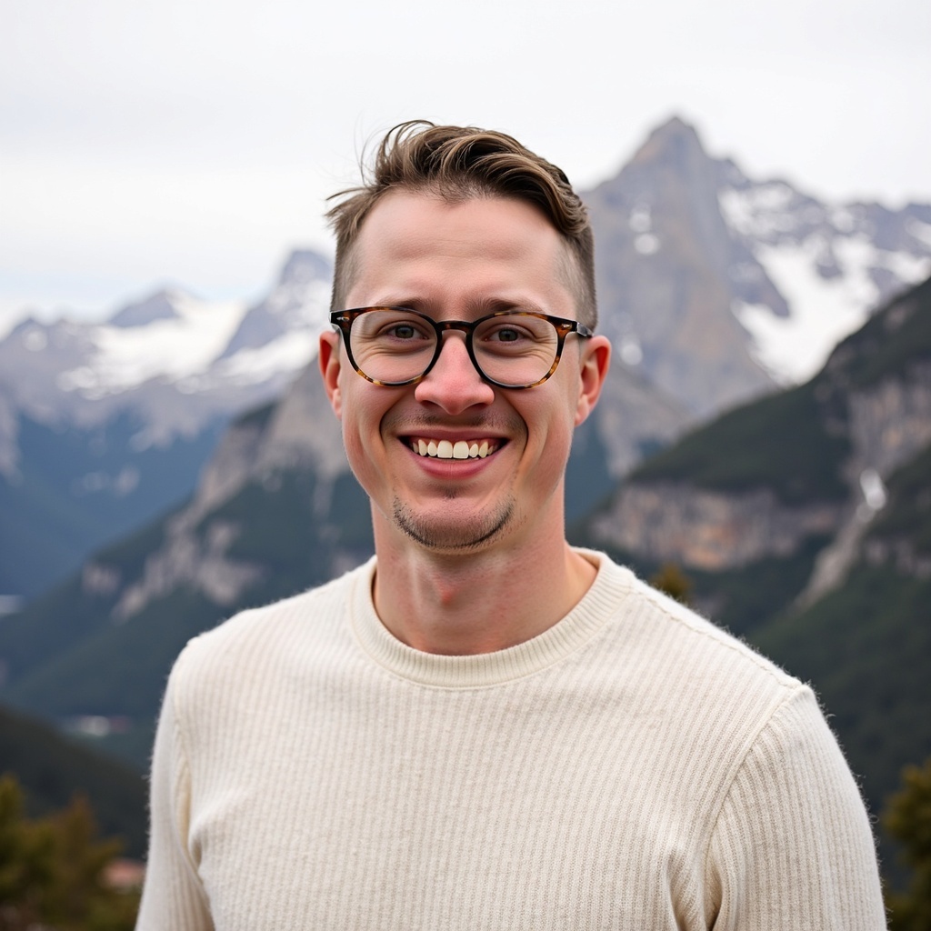 Outdoor portrait of Dr Connor Robertson smiling with mountain behind