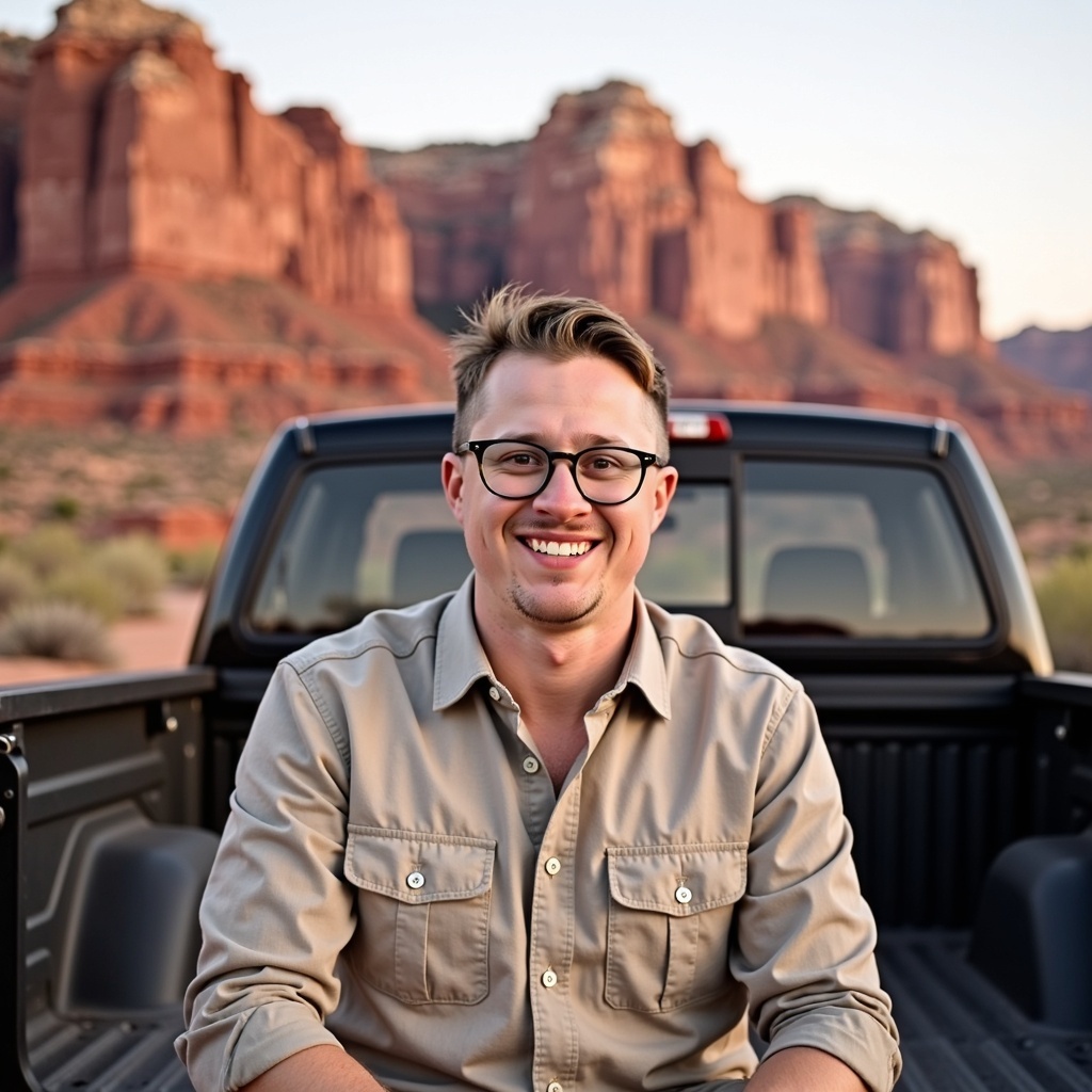 Outdoor casual portrait of Dr Connor Robertson smiling naturally