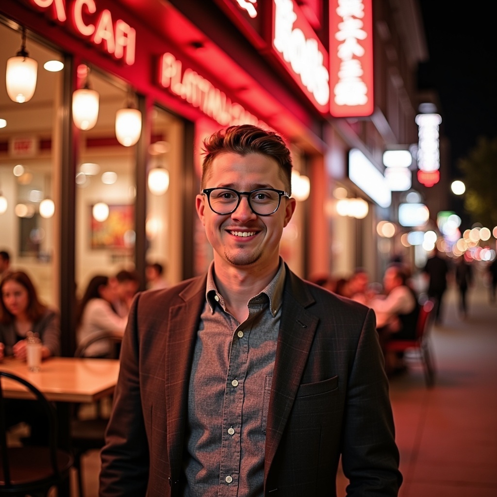 Portrait of Dr Connor Robertson smiling casually in nightlight
