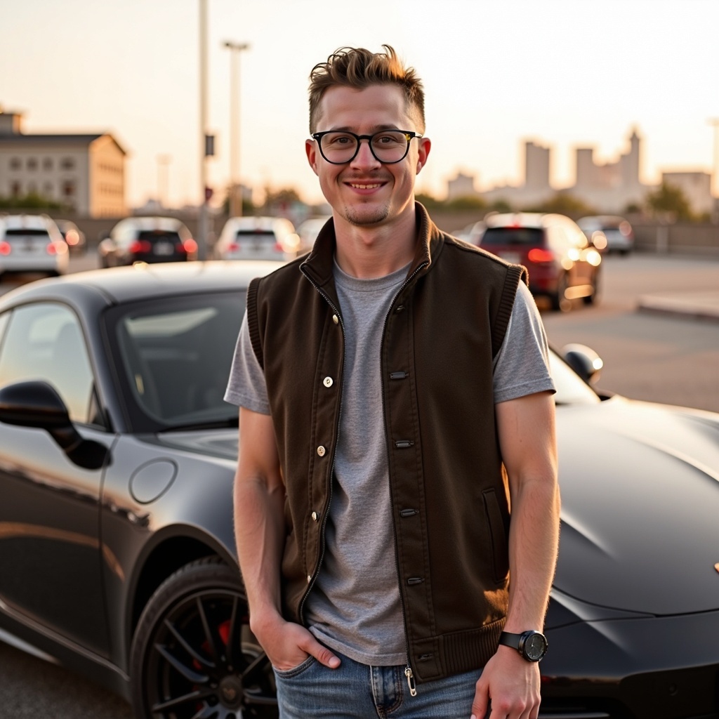 Casual outdoor headshot of Dr Connor Robertson with parking background