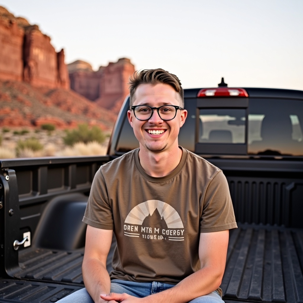Outdoor daylight portrait of Dr Connor Robertson smiling warmly