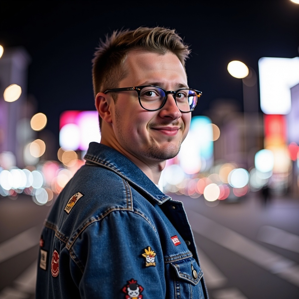 Outdoor nightlight photo of Dr Connor Robertson smiling casually