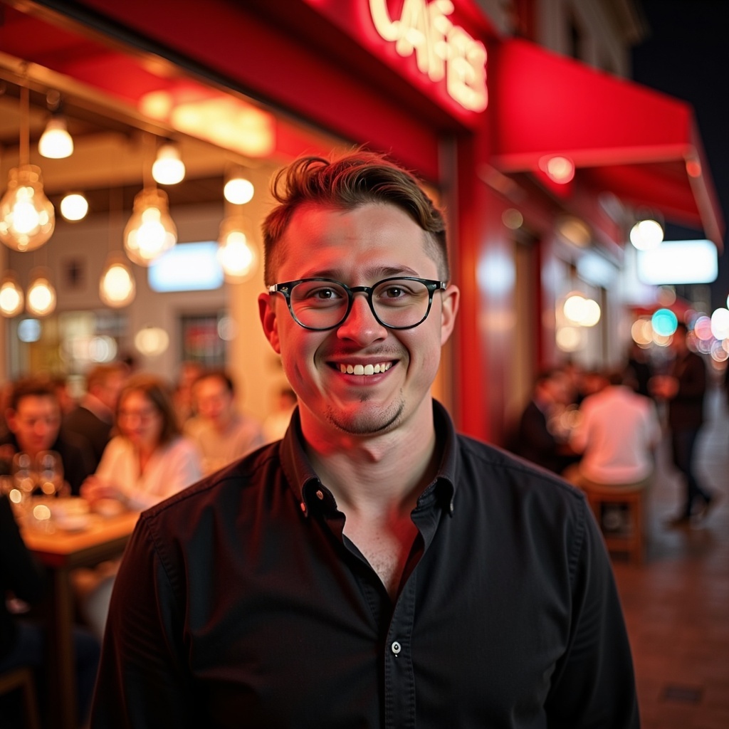 Dr Connor Robertson smiling outdoors with blurred cafe