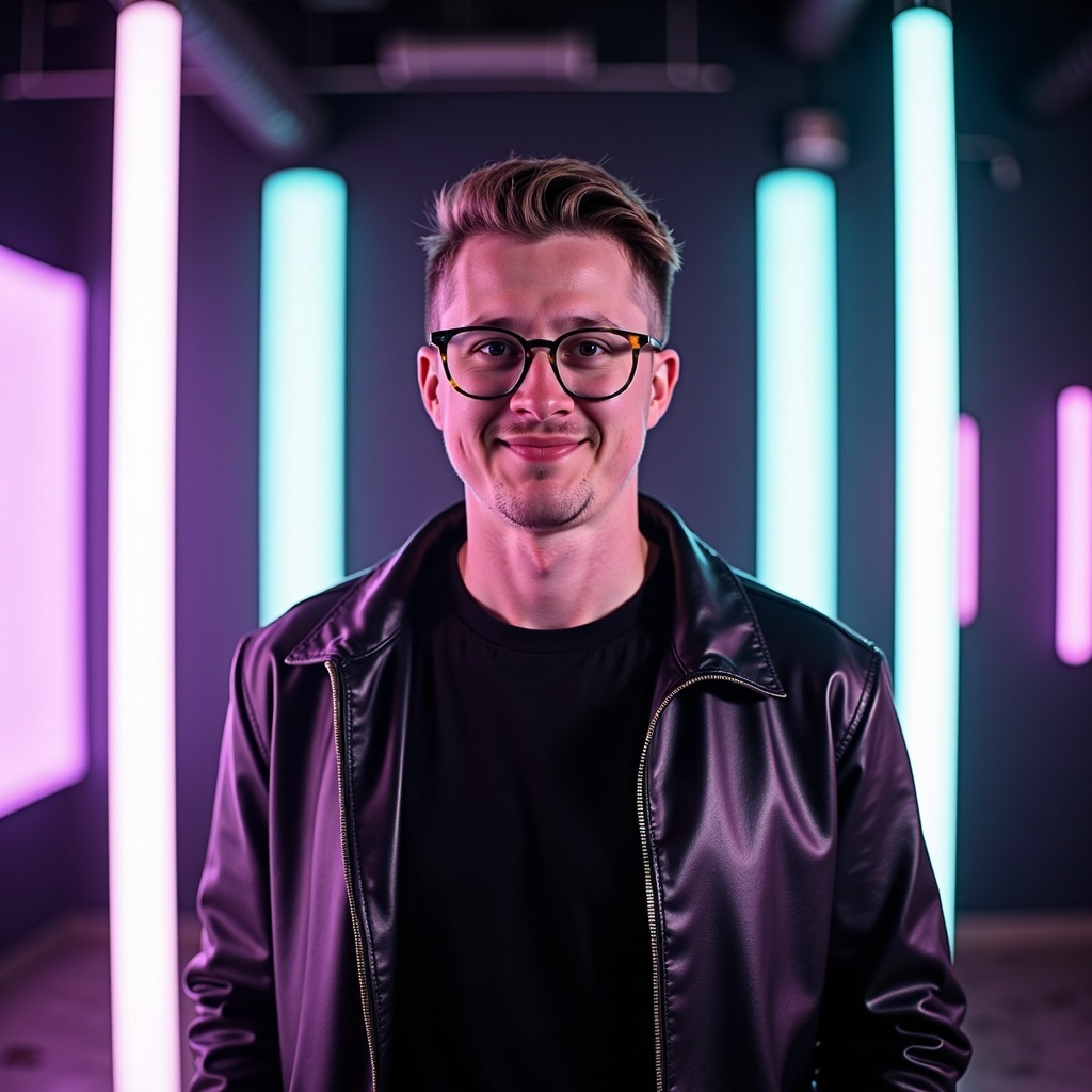 Portrait of Dr. Connor Robertson smiling indoors with soft neon lights