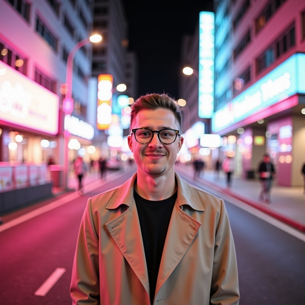 Dr. Connor Robertson smiling indoors with pink and blue neon background