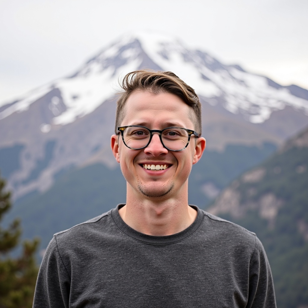 Close-up smiling portrait of Dr. Connor Robertson with mountains in background