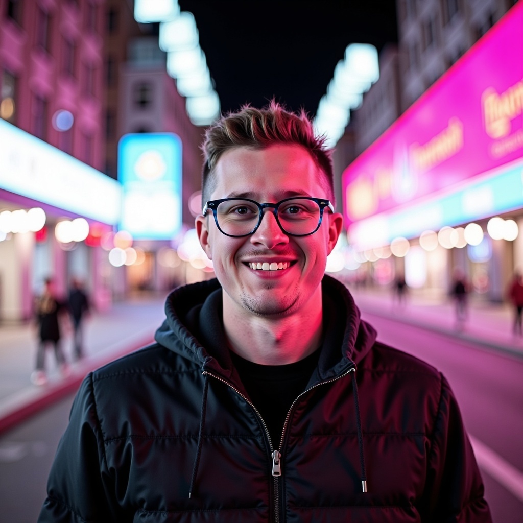 Dr. Connor Robertson standing on neon-lit street at night