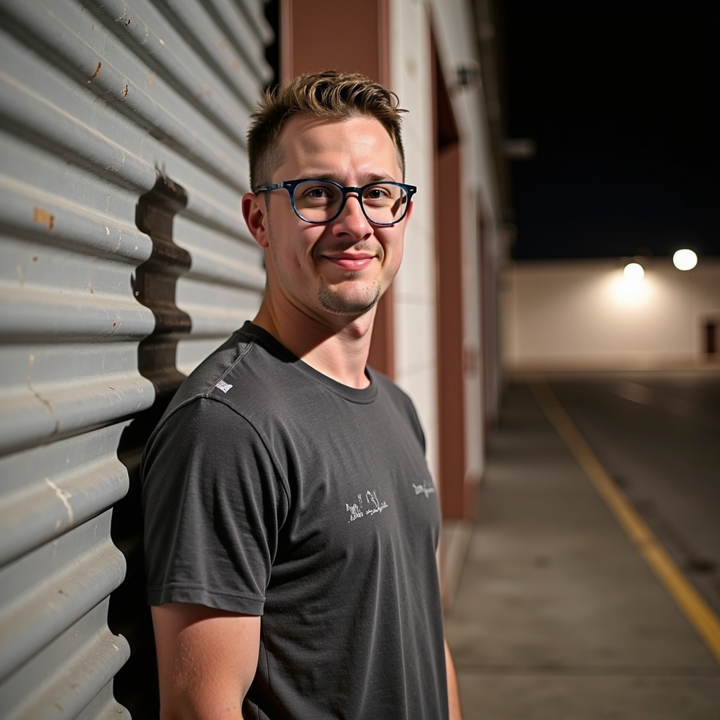 Dr. Connor Robertson smiling under city night market lights