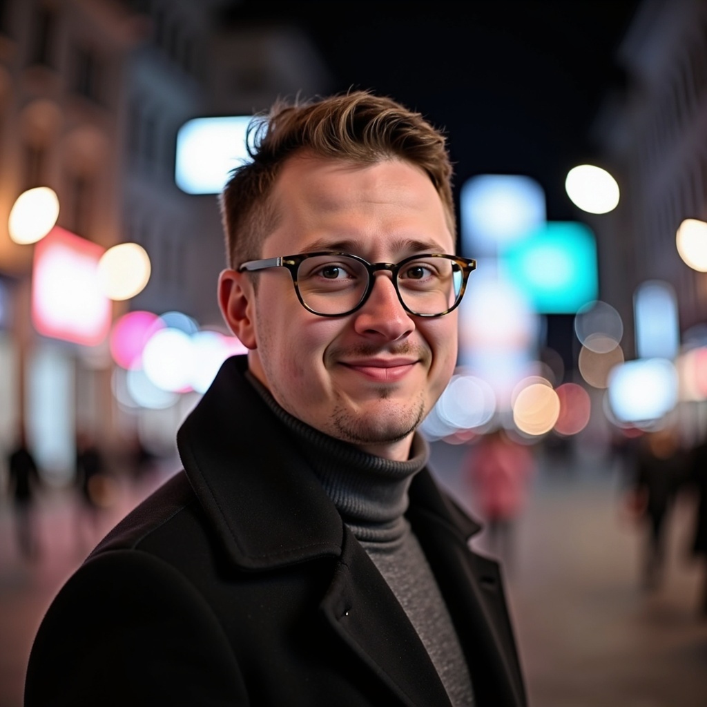 Dr. Connor Robertson smiling warmly outside café with neon lights
