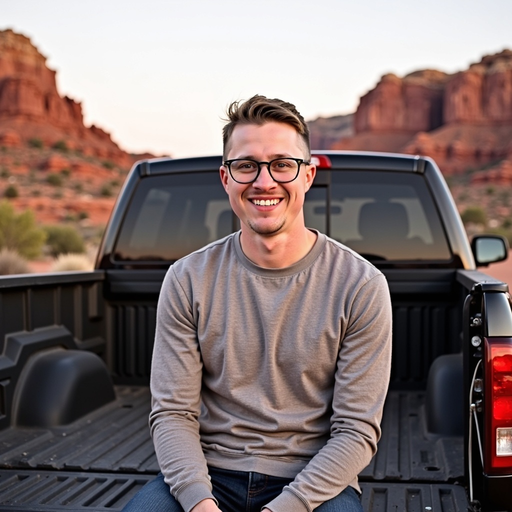 Dr. Connor Robertson smiling beside pickup truck on open road