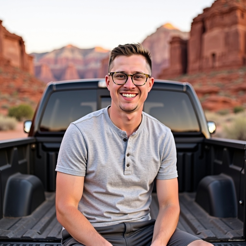 Dr. Connor Robertson smiling casually at the back of pickup truck on open highway
