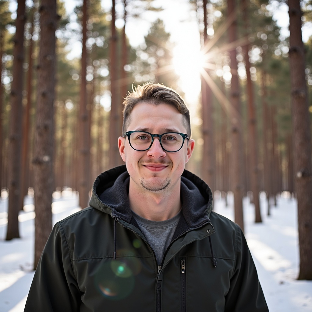 Portrait of Dr. Connor Robertson standing among autumn trees at sunrise