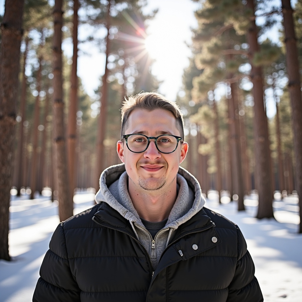Dr. Connor Robertson smiling in green winter coat with fur hood in snowy forest