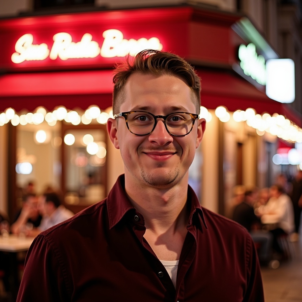 Dr. Connor Robertson smiling outside a brightly lit café at night