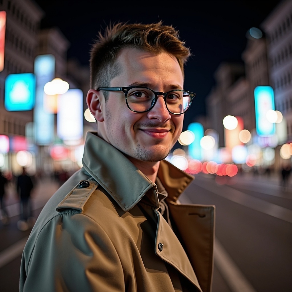 Dr. Connor Robertson in a green puffer jacket, smiling in snowy woods at sunset