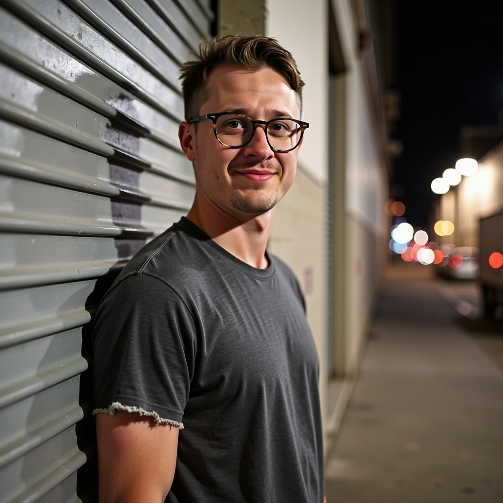 Casual smiling portrait of Dr. Connor Robertson standing outside at night near metal siding