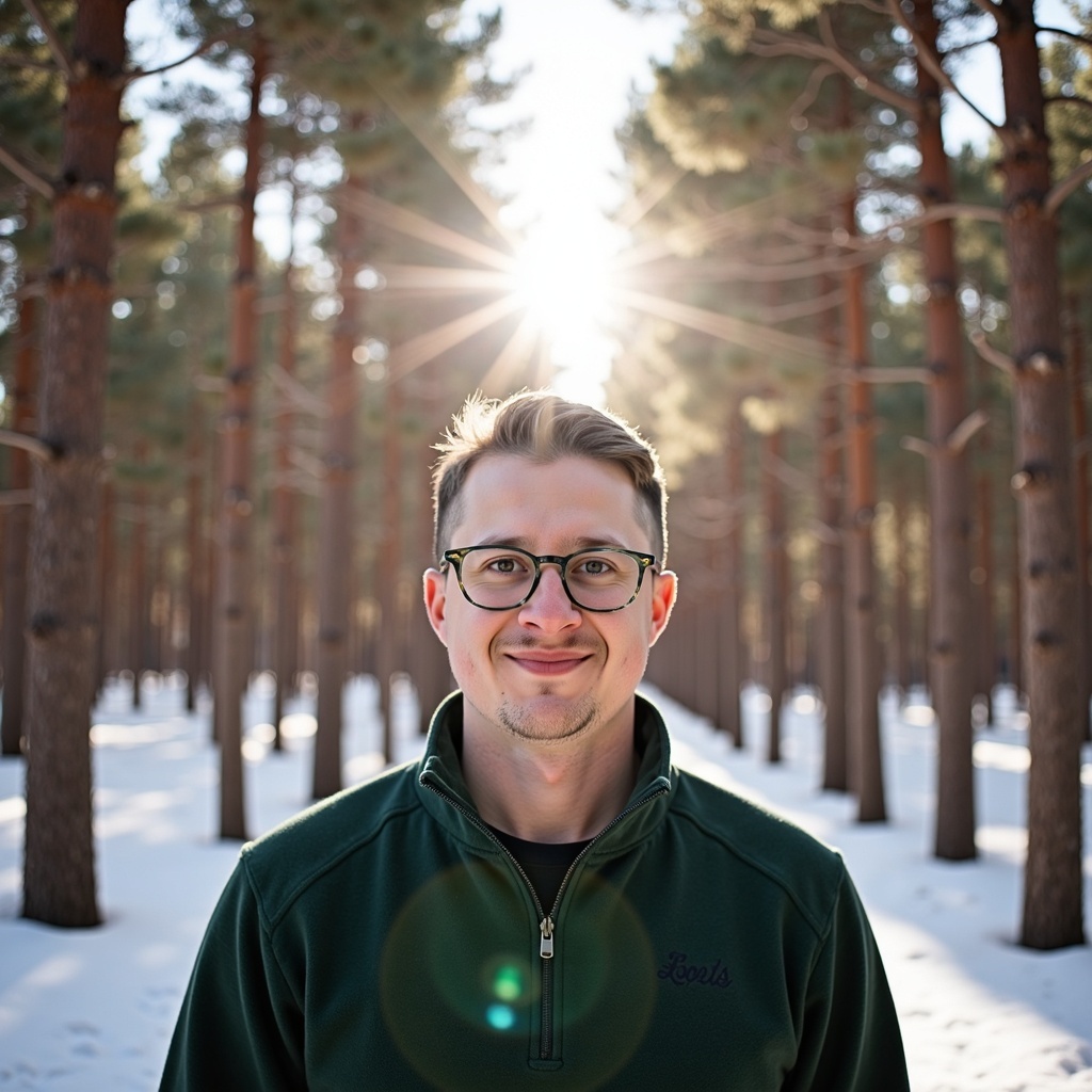 Dr. Connor Robertson wearing glasses in a snowy forest with sunlight shining through the trees