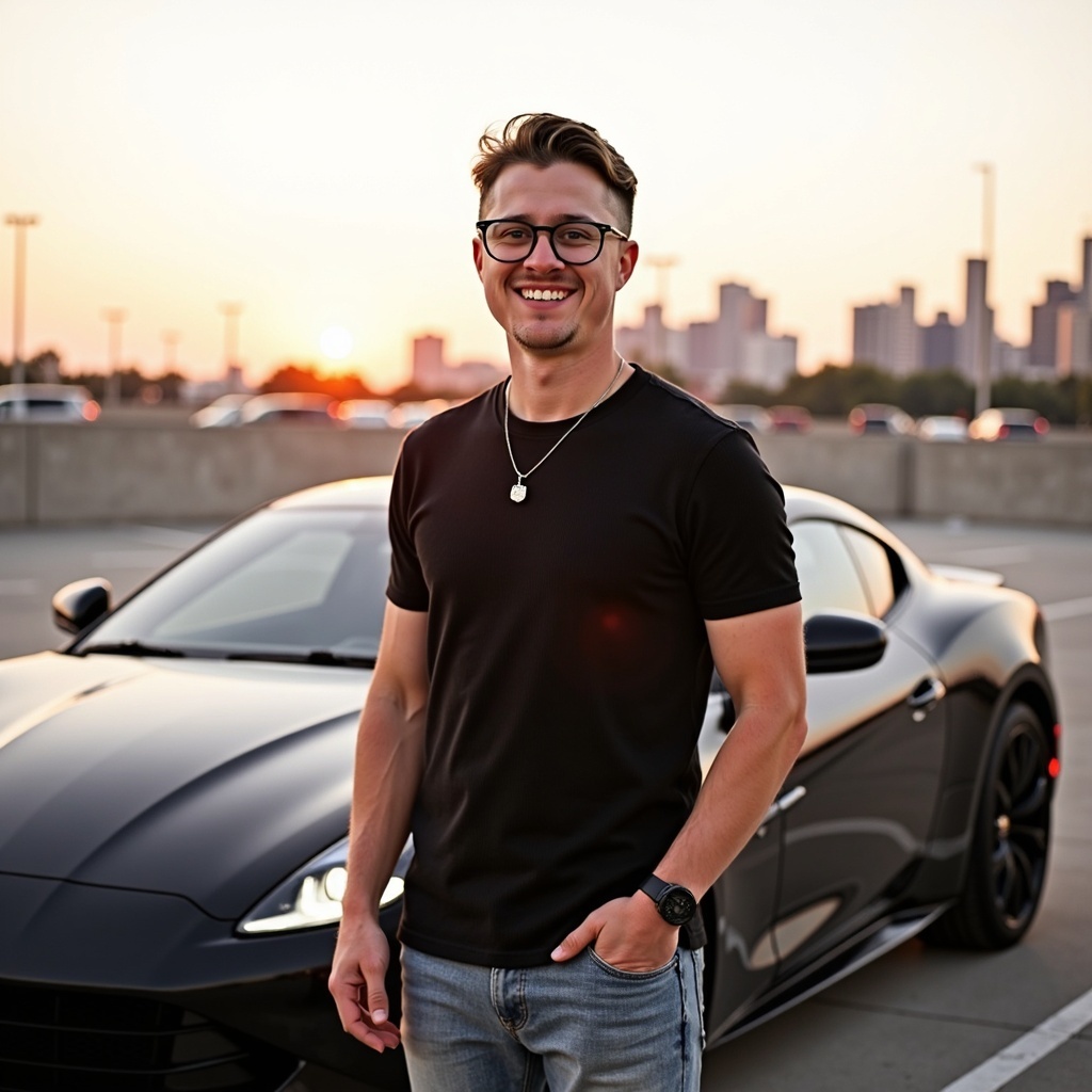 Connor Robertson in front of luxury car