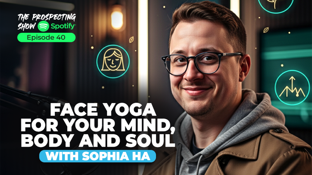 Woman practicing facial yoga in mirror